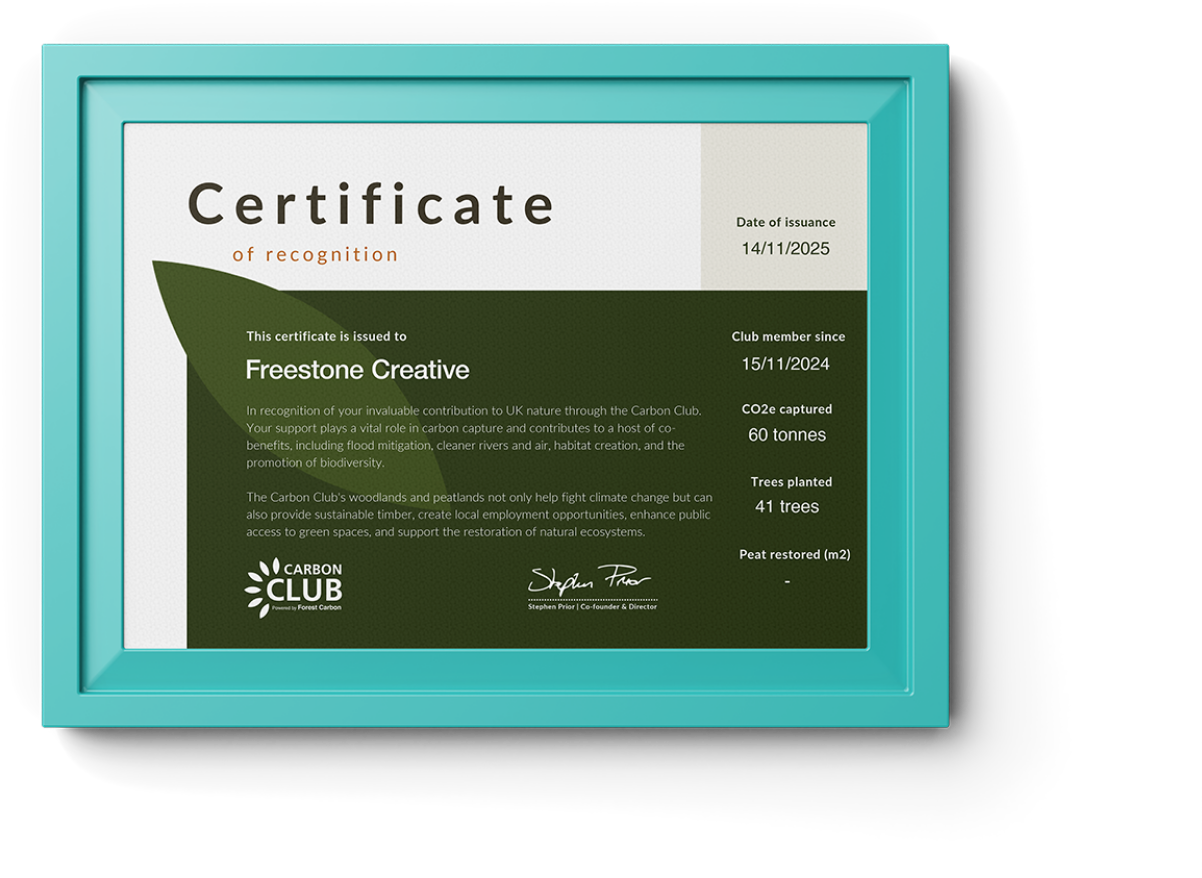 Carbon Club Certificate of recognition for Freestone Creative